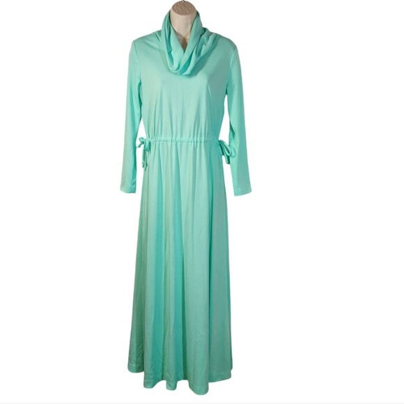 Vintage 70s Dress Disco Mod Long Sleeve Empire‎ Waist Maxi Flowy Mint Green L - Picture 16 of 16